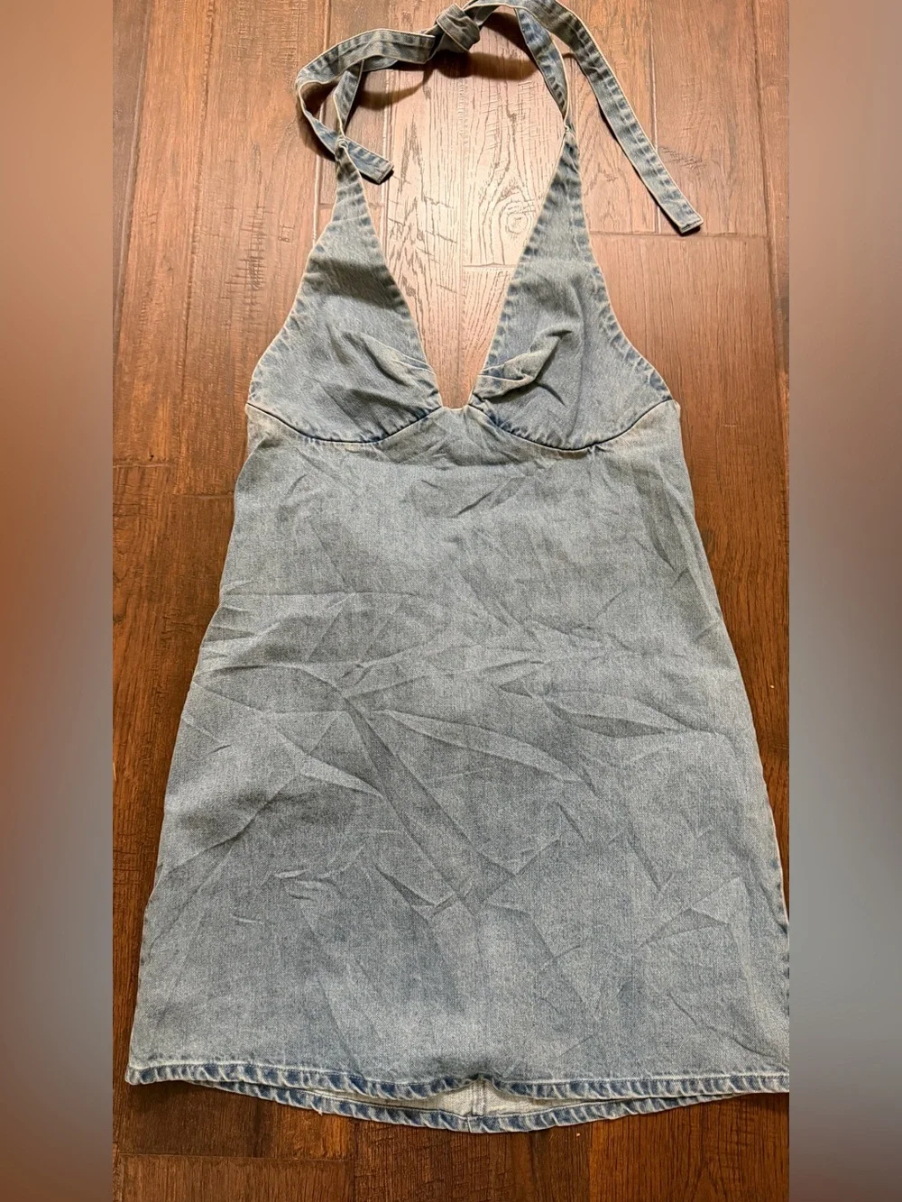 Free People Denim Halter Mini Dress • Open Back • Boho Western • Size XL